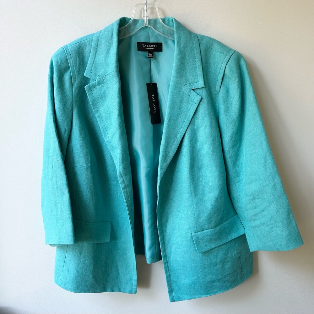 NWT Talbots open front turquoise teal linen 3/4 sleeve blazer